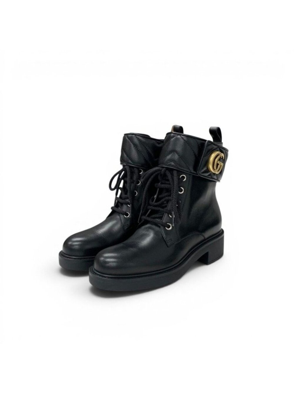 Gucci Boots Short Shoes Leather Black Gold Double G Belt Lace-up Ankle GG